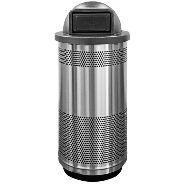 A Witt Industries stainless steel outdoor trash can with a push door dome top.