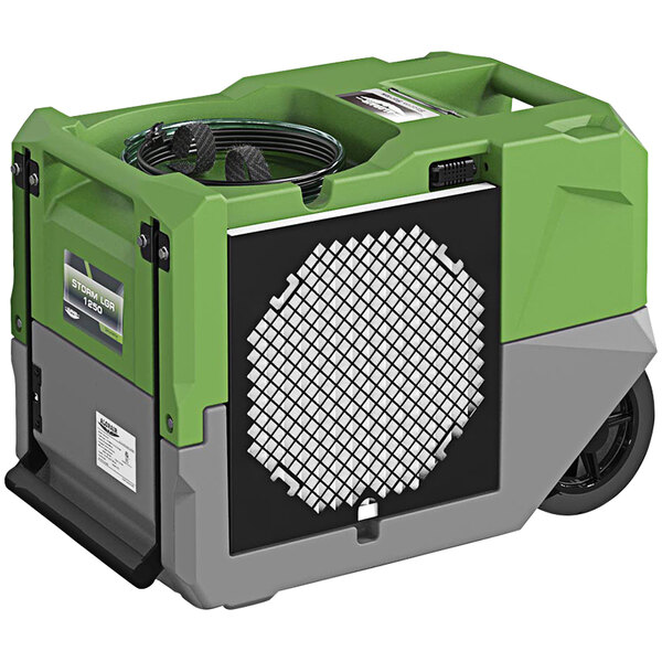 An AlorAir green and gray industrial dehumidifier with a pump.