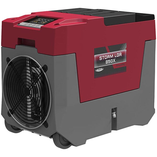 An AlorAir red and grey commercial dehumidifier with a fan.