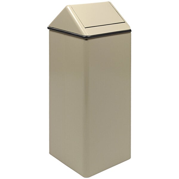 A white rectangular steel trash can with a swing top lid.
