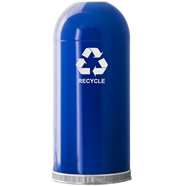 A blue Witt Industries recycling bin with a white recycle symbol on it.