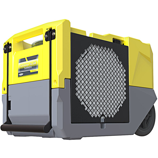 A yellow and grey AlorAir dehumidifier with a grid on the front.