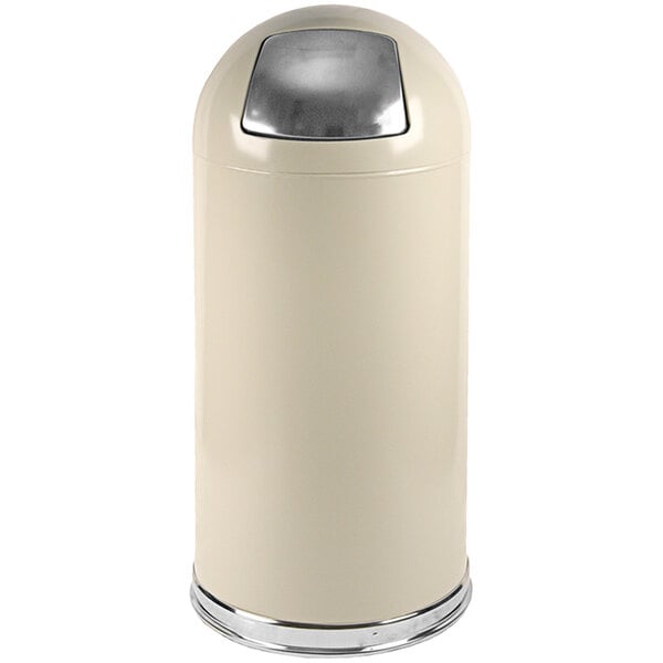 A white steel round decorative trash can with a silver dome lid.