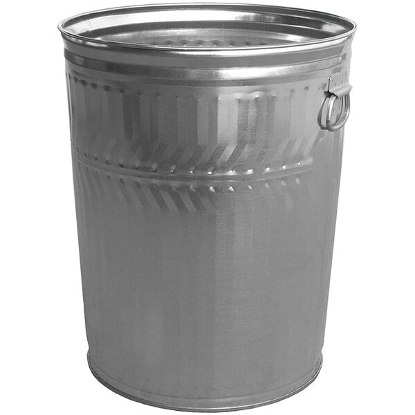 A silver metal Witt Industries 32 gallon outdoor trash can with a lid.