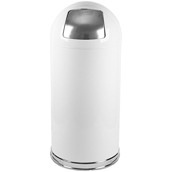 A white steel cylinder with a white push door dome lid.