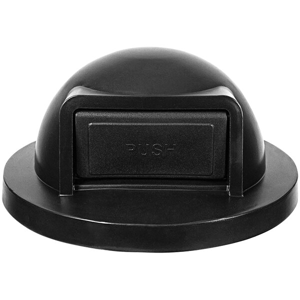 A black plastic Witt Industries push dome lid for a 55 gallon outdoor waste receptacle.