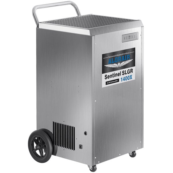 An AlorAir Sentinel SLGR 1400X commercial-grade dehumidifier with silver rectangular and black parts and wheels.