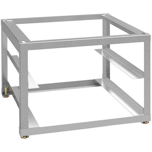A metal frame with two shelves for a dishwasher.