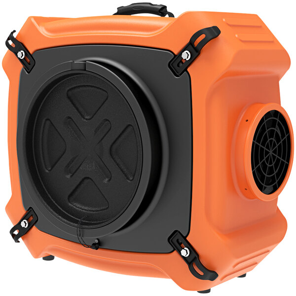 An orange and black AlorAir industrial air scrubber with vents.