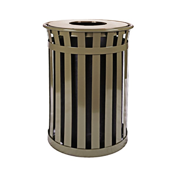 A brown steel Witt Industries outdoor trash can with a flat top lid.
