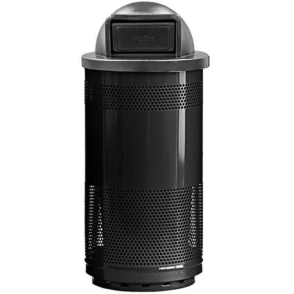 A black Witt outdoor waste receptacle with a push door dome top lid.