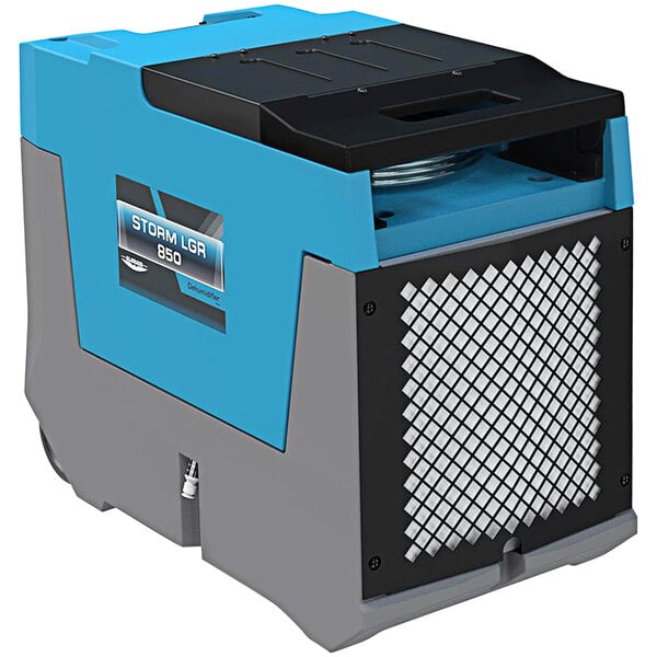 An AlorAir blue and black industrial dehumidifier with a grey machine and blue accents.