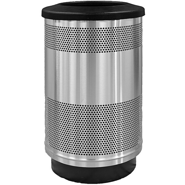 A silver stainless steel cylindrical trash can with perforated sides and a flat black lid.