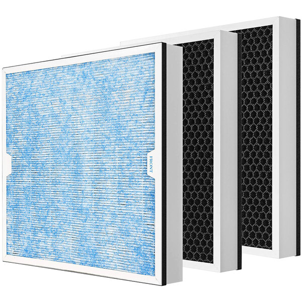 Three AlorAir activated carbon air filters, two with black filters and one with a blue filter.