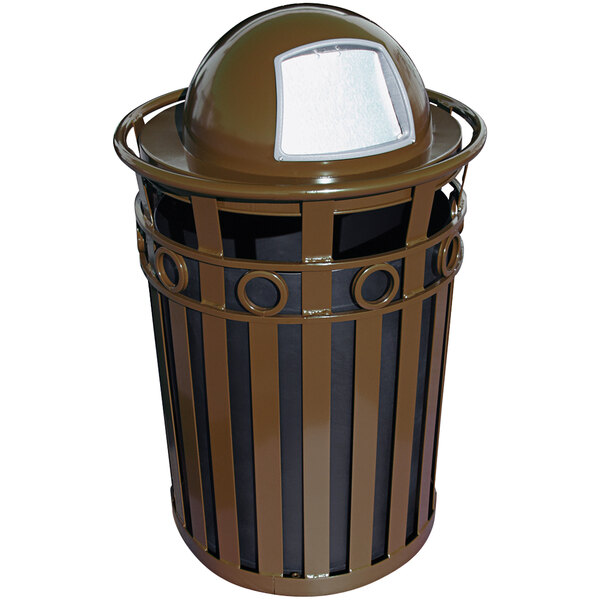 A brown steel Witt Industries Oakley outdoor trash can with a dome top and ring accent.