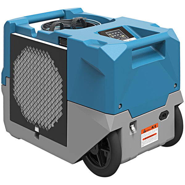 An AlorAir Storm LGR 1250 blue and grey commercial dehumidifier with wheels.