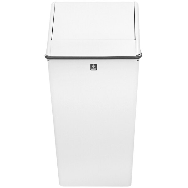 A white rectangular Witt Industries decorative trash can with a swing top lid.