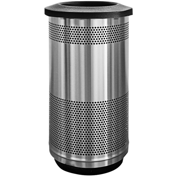 A silver stainless steel Witt Industries outdoor waste receptacle with a flat top lid with holes.