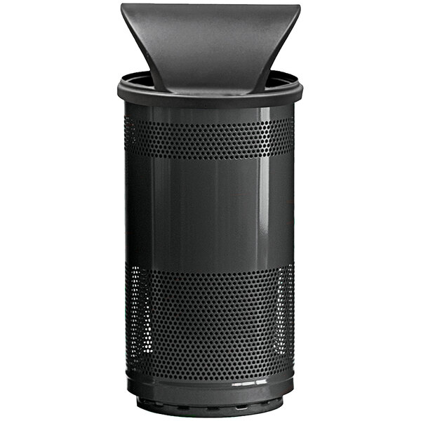A black Witt Industries outdoor waste receptacle with a hood top lid and holes in the cylinder.