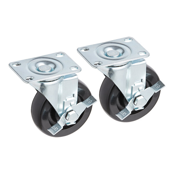 A pair of metal Avantco casters with black rubber wheels.