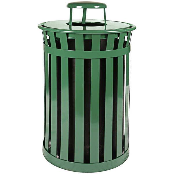 A green steel round outdoor waste receptacle with a black rain cap lid.