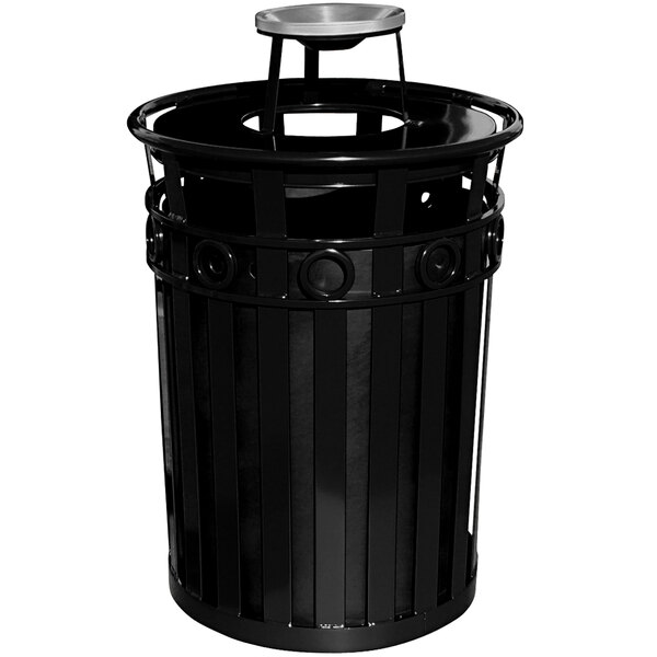 A black steel Witt Industries Oakley waste receptacle with ash top lid and ring accent.