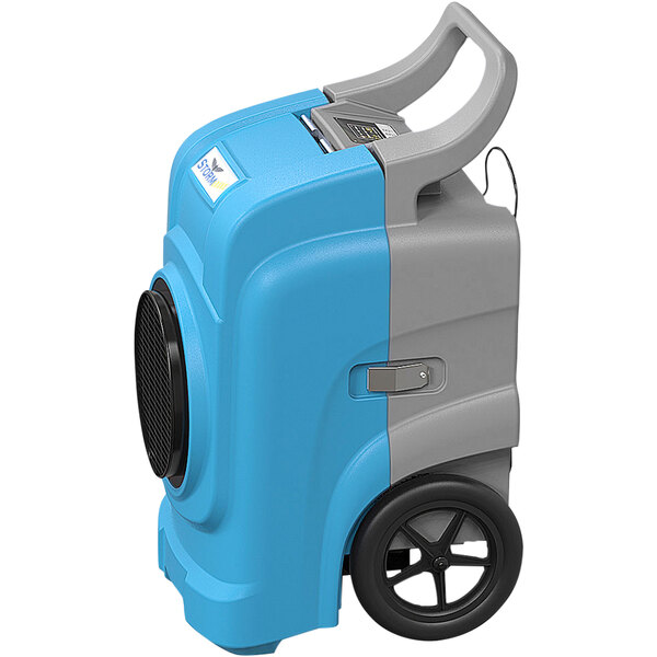 An AlorAir Storm Elite 125 Blue and Grey Commercial Dehumidifier with Wheels and a Black Screen.