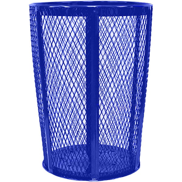 A blue steel mesh round outdoor trash receptacle.