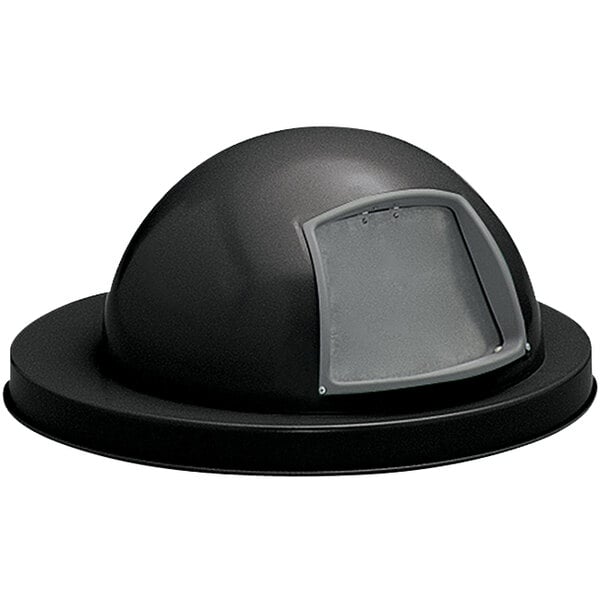 A black steel dome lid with a push door for a Witt Industries outdoor waste receptacle.