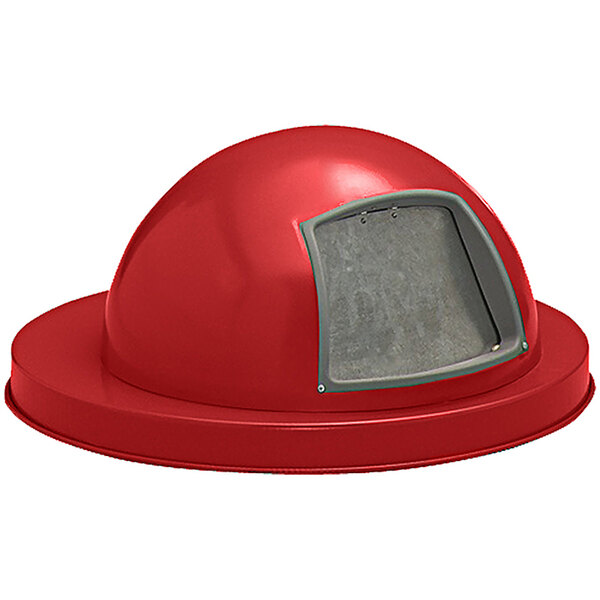 A red steel dome lid with a push door for 48 and 55 gallon trash receptacles.