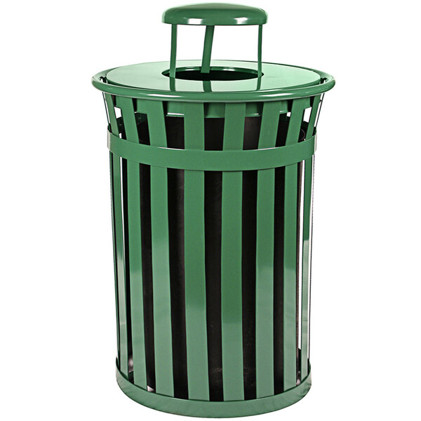 A green Witt Industries outdoor trash can with a rain cap lid.