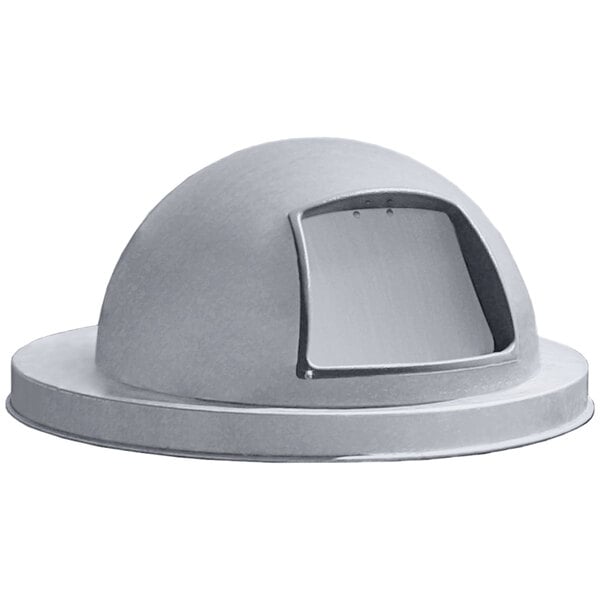 A grey galvanized steel dome lid with a push door for a waste receptacle.