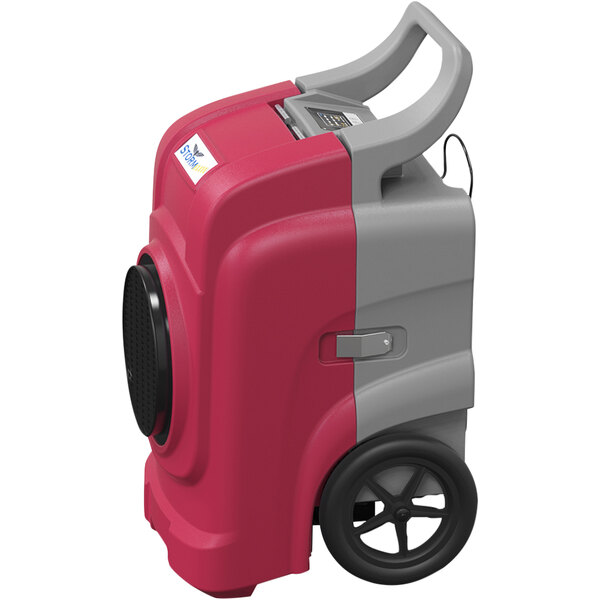 An AlorAir Storm Elite 125 red and grey dehumidifier with wheels.
