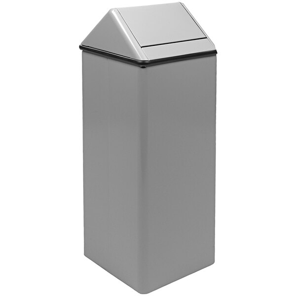 A Witt Industries slate gray steel decorative trash can with a swing top lid.