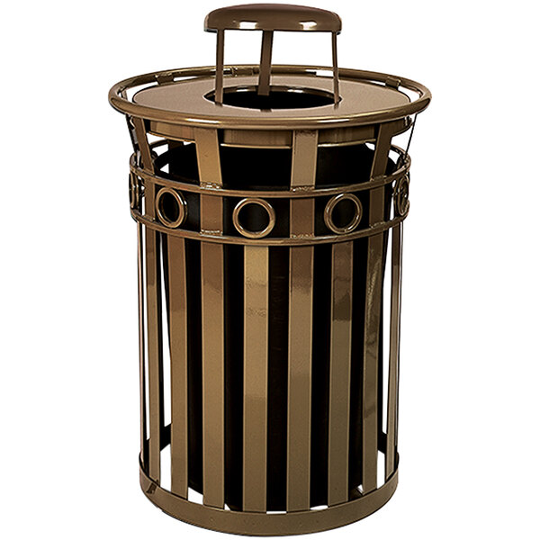 A close-up of a Witt Industries Oakley brown metal outdoor trash can with a rain cap lid and ring accent band.
