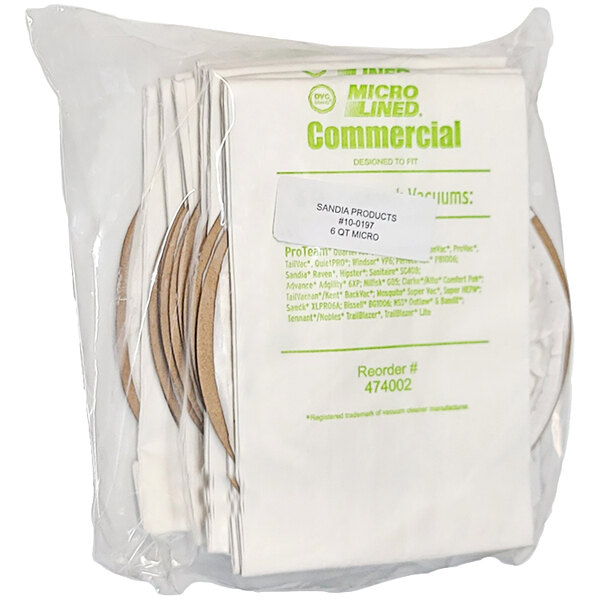 A pack of 10 white Sandia micro-lined paper bags for vacuums.