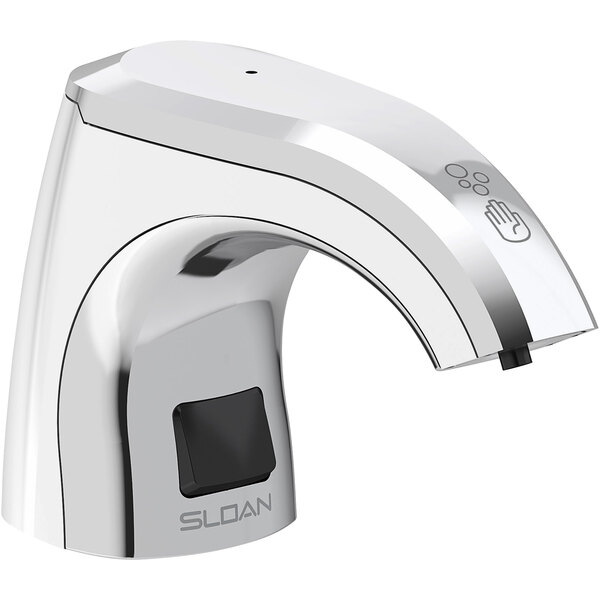 A Sloan polished chrome deck mounted top-fill sensor soap dispenser with a black button.