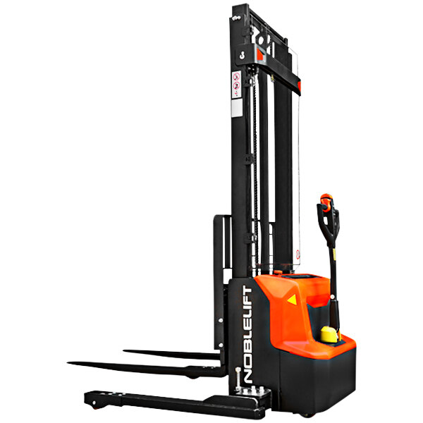 A black and orange Noblelift electric walkie straddle stacker with orange and black wheels.