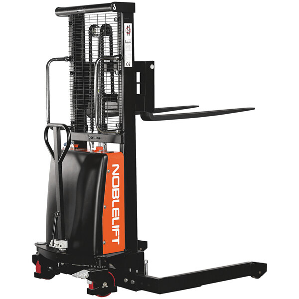 A black and orange Noblelift semi-electric hydraulic stacker.