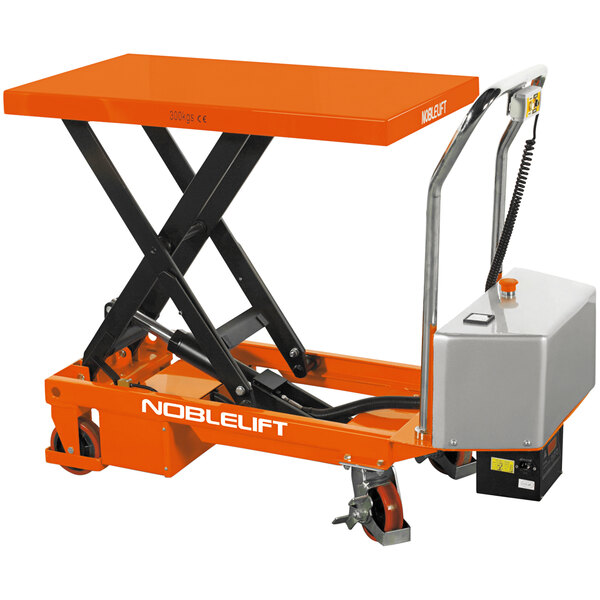 An orange and black Noblelift electric mobile single scissor lift cart with a silver and black handle.