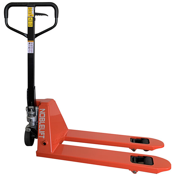 A red Noblelift hand pallet truck with black handle.