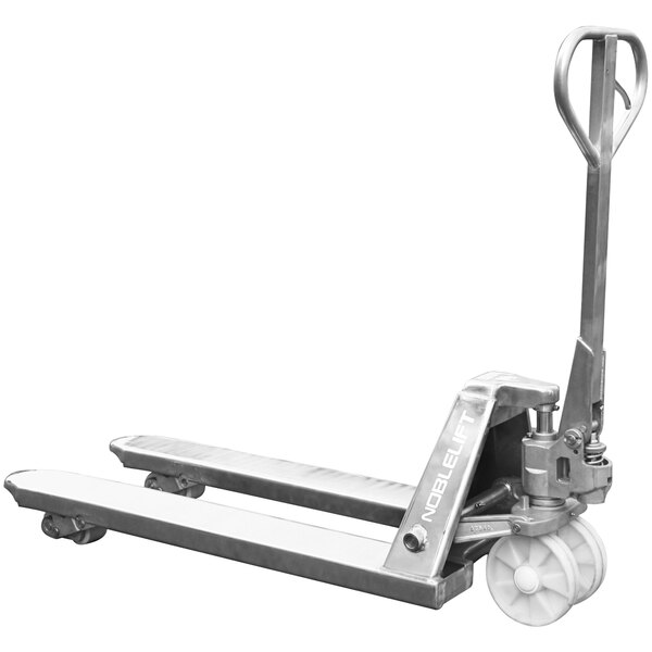A silver Noblelift pallet jack with wheels.
