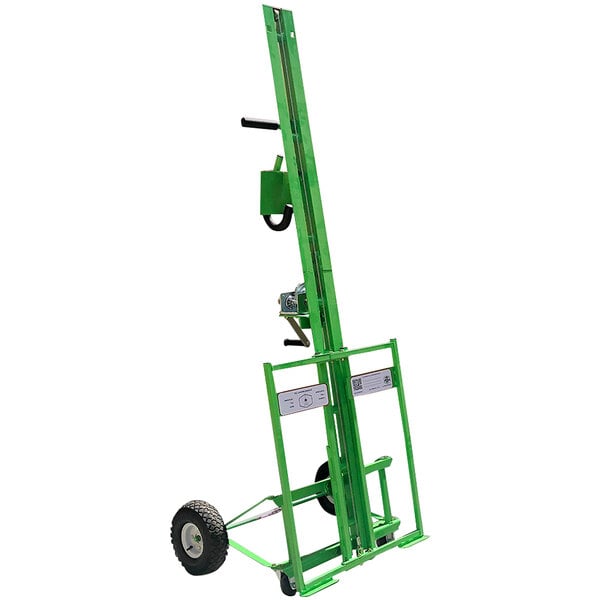 A green Paragon Pro Manufacturing Solutions Panellift Hangpro vertical drywall lift with wheels and a handle.
