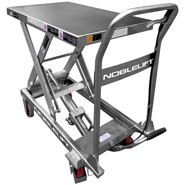 A Noblelift stainless steel scissor lift table with wheels.