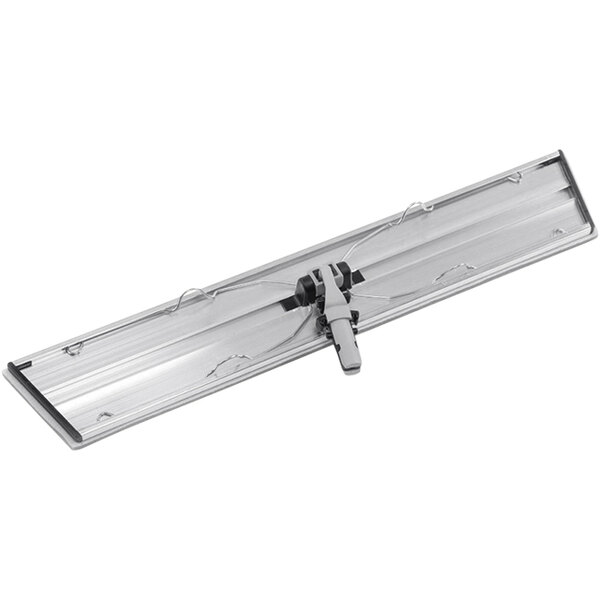 A silver rectangular metal mop holder frame with a black handle.