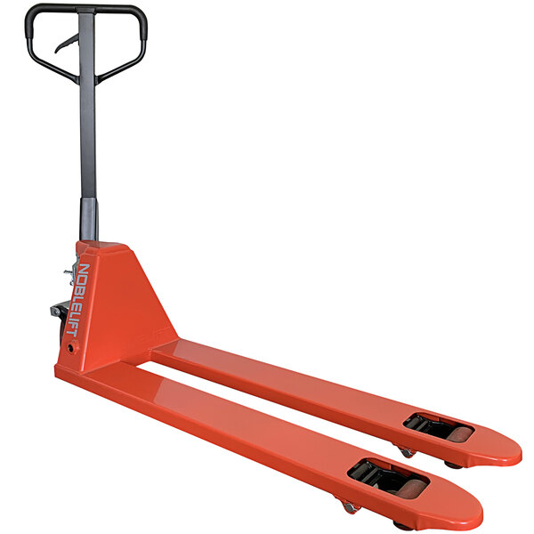 A red Noblelift pallet jack with wheels.