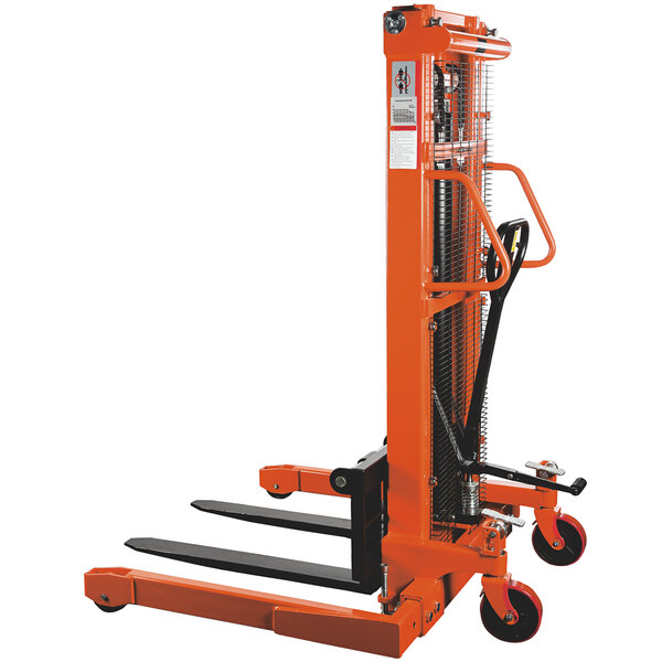 A Noblelift manual hydraulic stacker with orange wheels and a black handle.