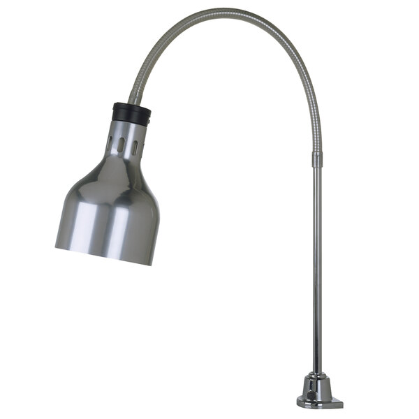 A silver Cres Cor portable heat lamp with a curved metal pole and a black shade.