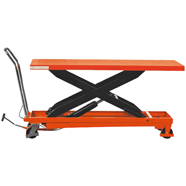 A Noblelift orange and black scissor lift table.