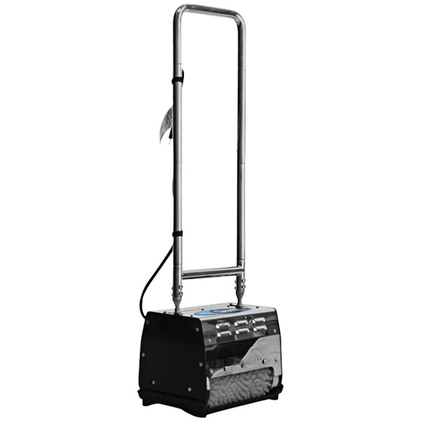 A black and silver Mytee Carpet Shark corded counter rotating brush floor sweeper with a metal frame and black cord.